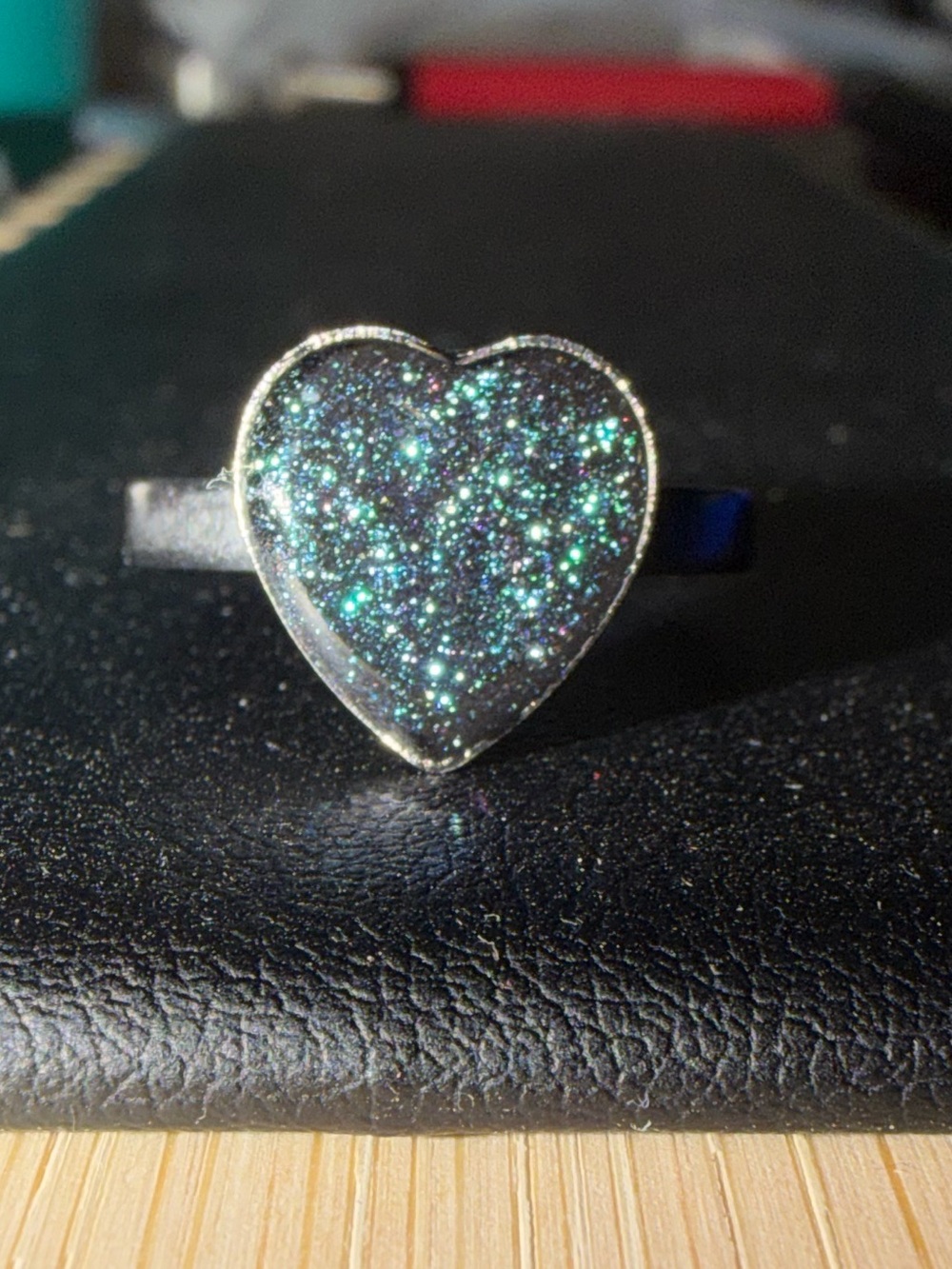 Handmade Sparkling Heart Ring in Dark Teal Glitter
